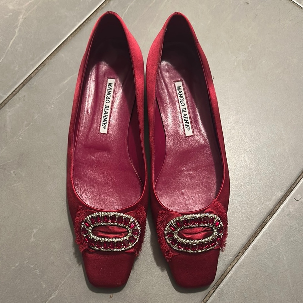 Manolo Blahnik Ruby Satin Loafers with Crystal Buckle
